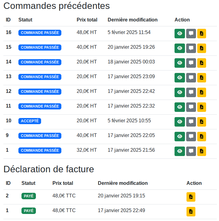 Historique commandes PRD
